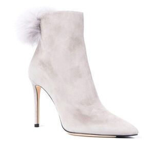 Jimmy Choo Tesler Fox Fur Suede Pom Pom Booties Ankle Boots Moonstone Shoes